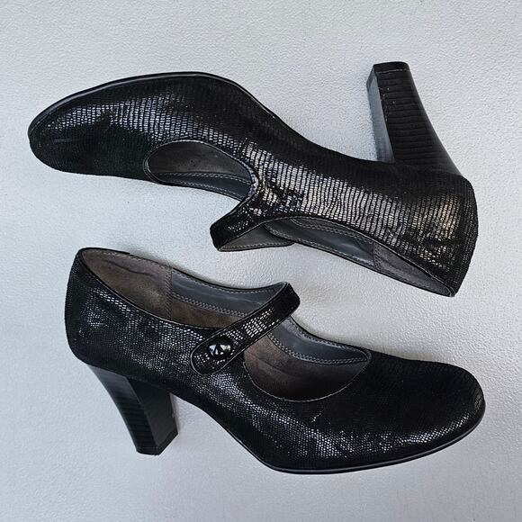 MaryJane Pumps Aerosoles Role Through Size 8.5 Black Shimmer Reptile Scale Heels - Picture 11 of 12